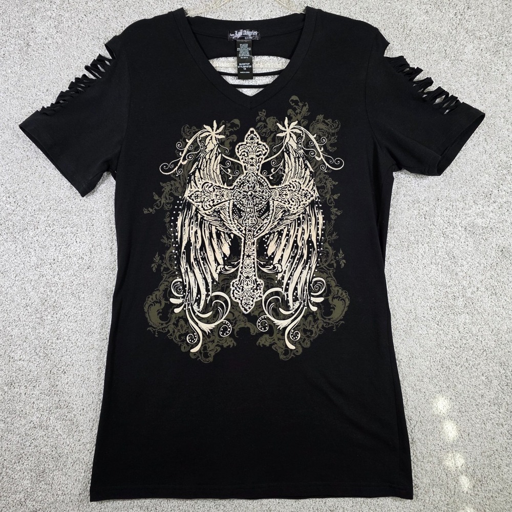 LA Bus Stop Womens 1X Slim Fit Black‎ Cross Wings Rhinestone Bling Cutout Tee